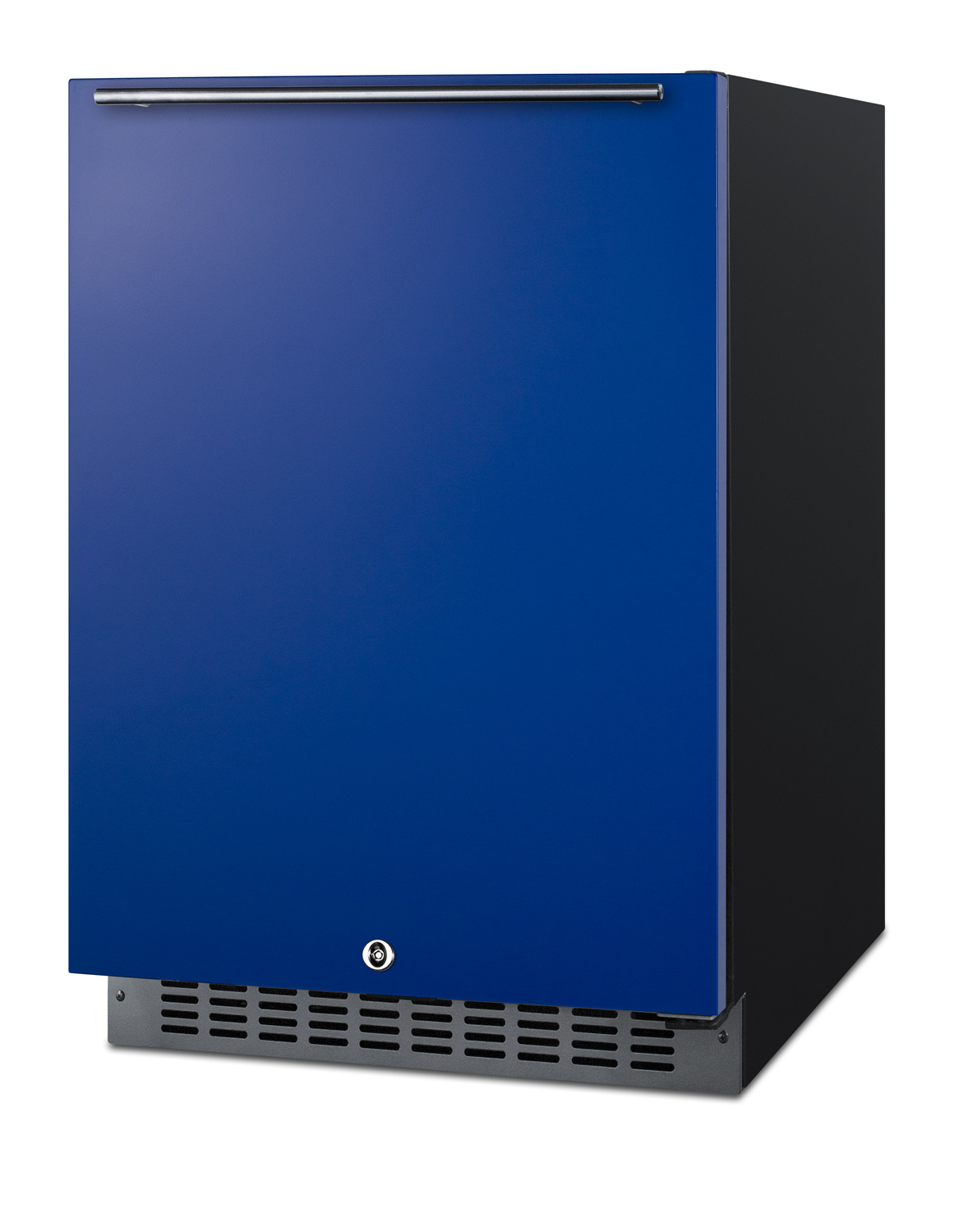 24 in. wide built-in undercounter ADA compliant all-refrigerator with cobalt blue door, stainless steel handle and kickplate, and black cabinet